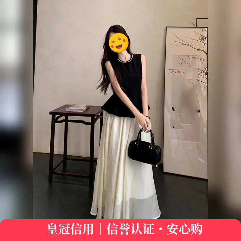 单件/2025夏季穿搭微胖mm新中式时尚洋气无袖黑色背心高腰半身裙