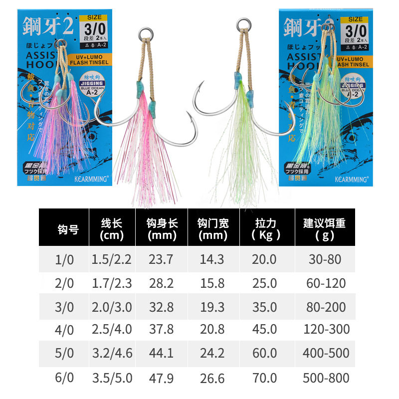 KEARMMING钢牙A-2慢摇铁板钢丝防咬鲅鱼钩石斑钩海钓夜光亮丝双钩