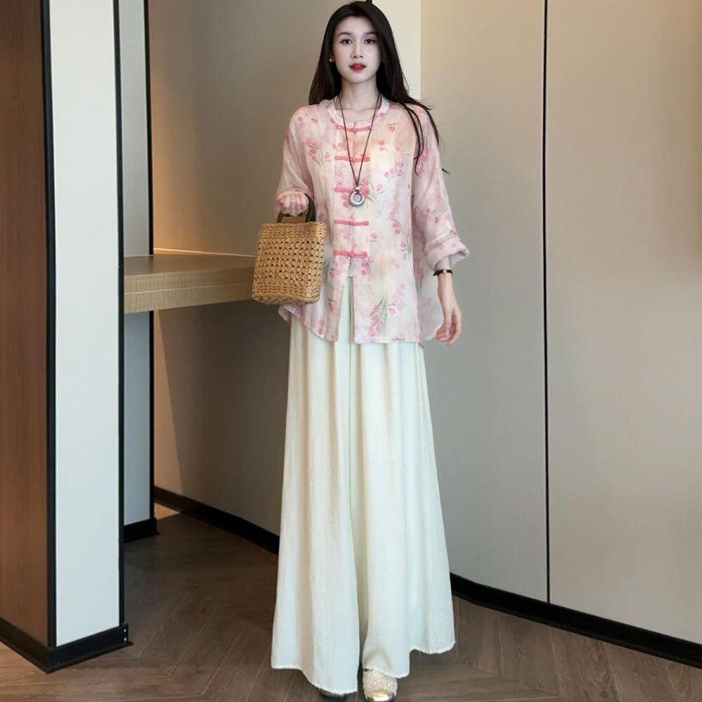 春夏穿搭一整套高级感中式国风印花长袖上衣休闲阔腿裤时尚套装女