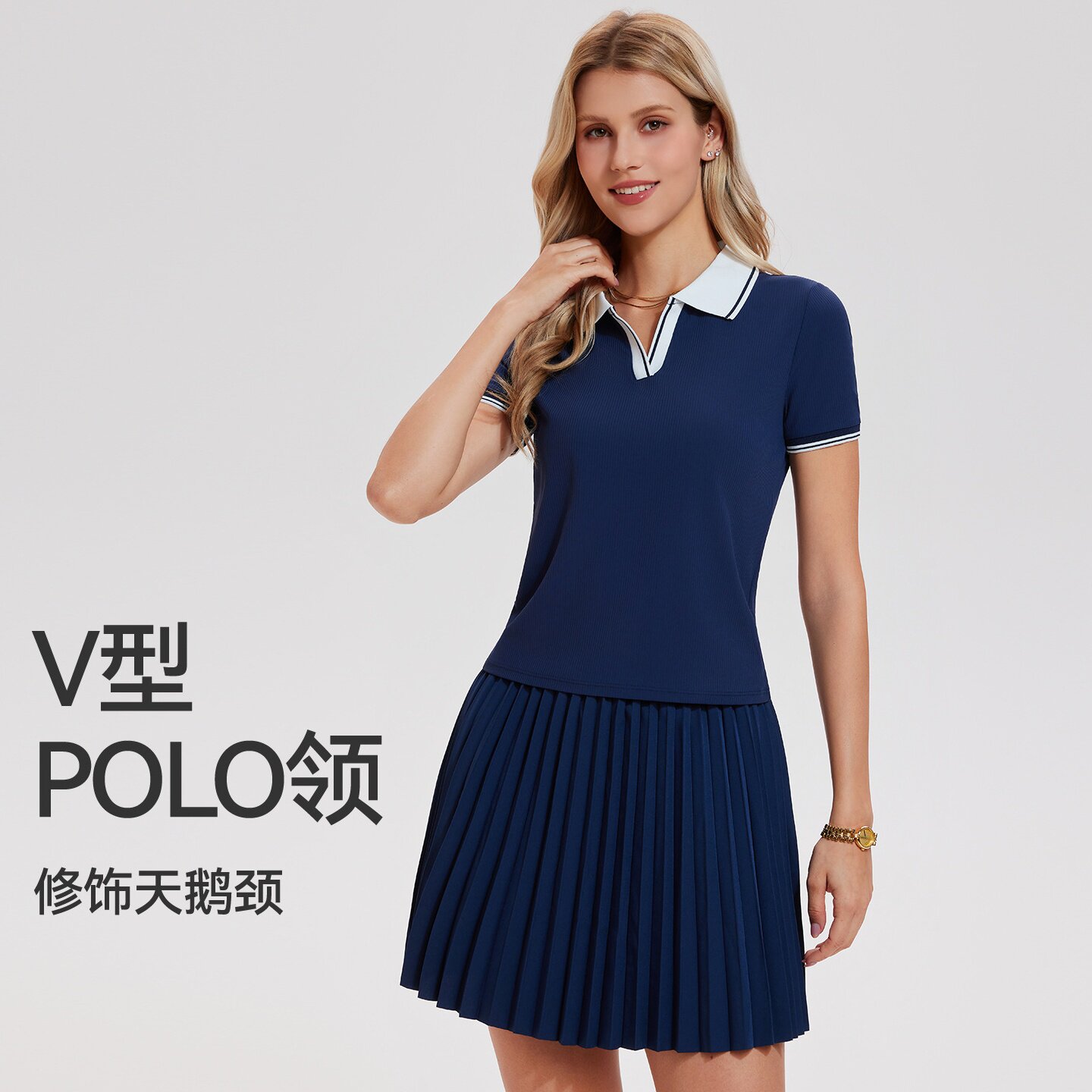 跨境新款青春女高尔夫网球运动吸湿排汗Polo 衫V领短袖网球衫