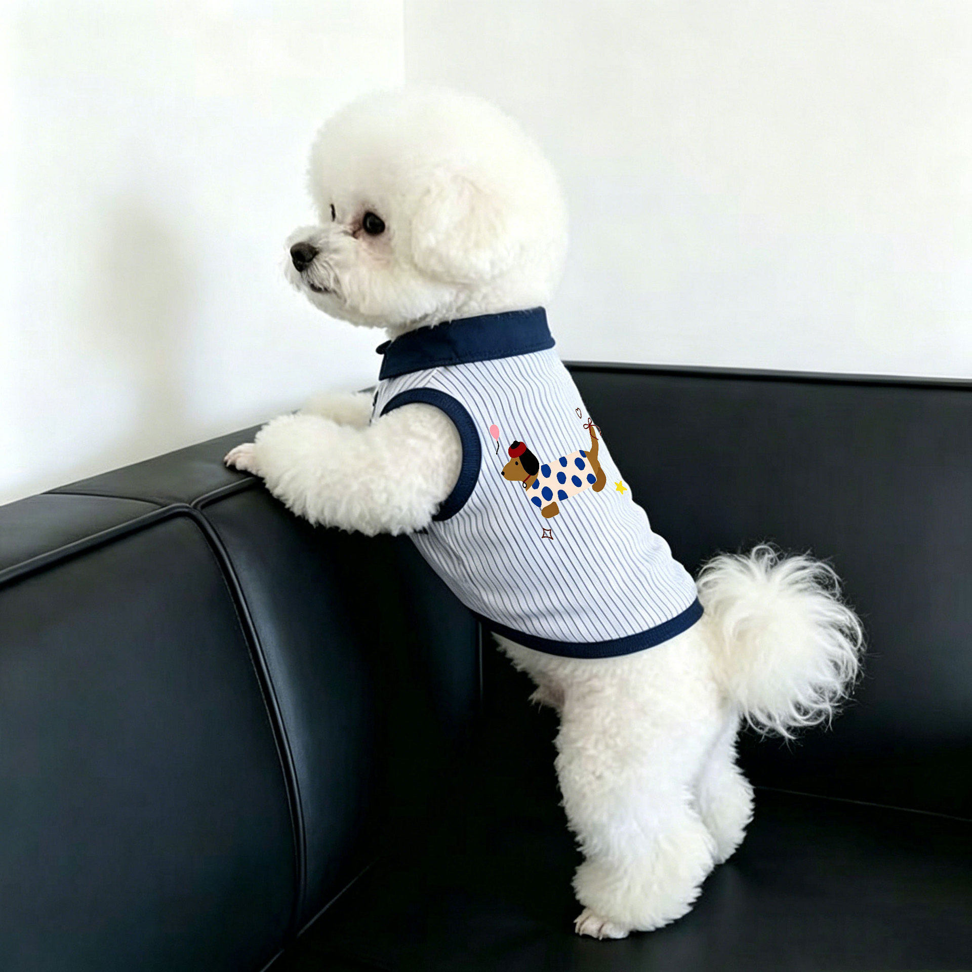 跨境可爱猫咪狗条纹衬衫衣服POLO衫撞色透气背心小型犬比熊雪纳瑞