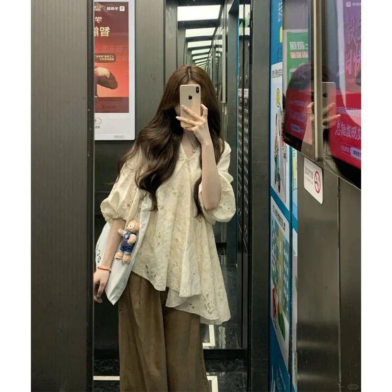 单件/2025夏季新款穿搭装女新中式国风宽松镂空衬衫上衣阔腿裤潮
