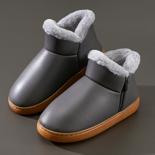 防水皮面高帮中老年人棉拖鞋男女冬加绒保暖包跟牛筋厚底防滑棉鞋