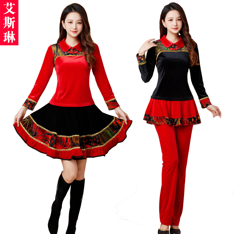 广场舞服装套装春新款金丝绒翻领长袖裙裤两件套中老年大妈舞蹈服