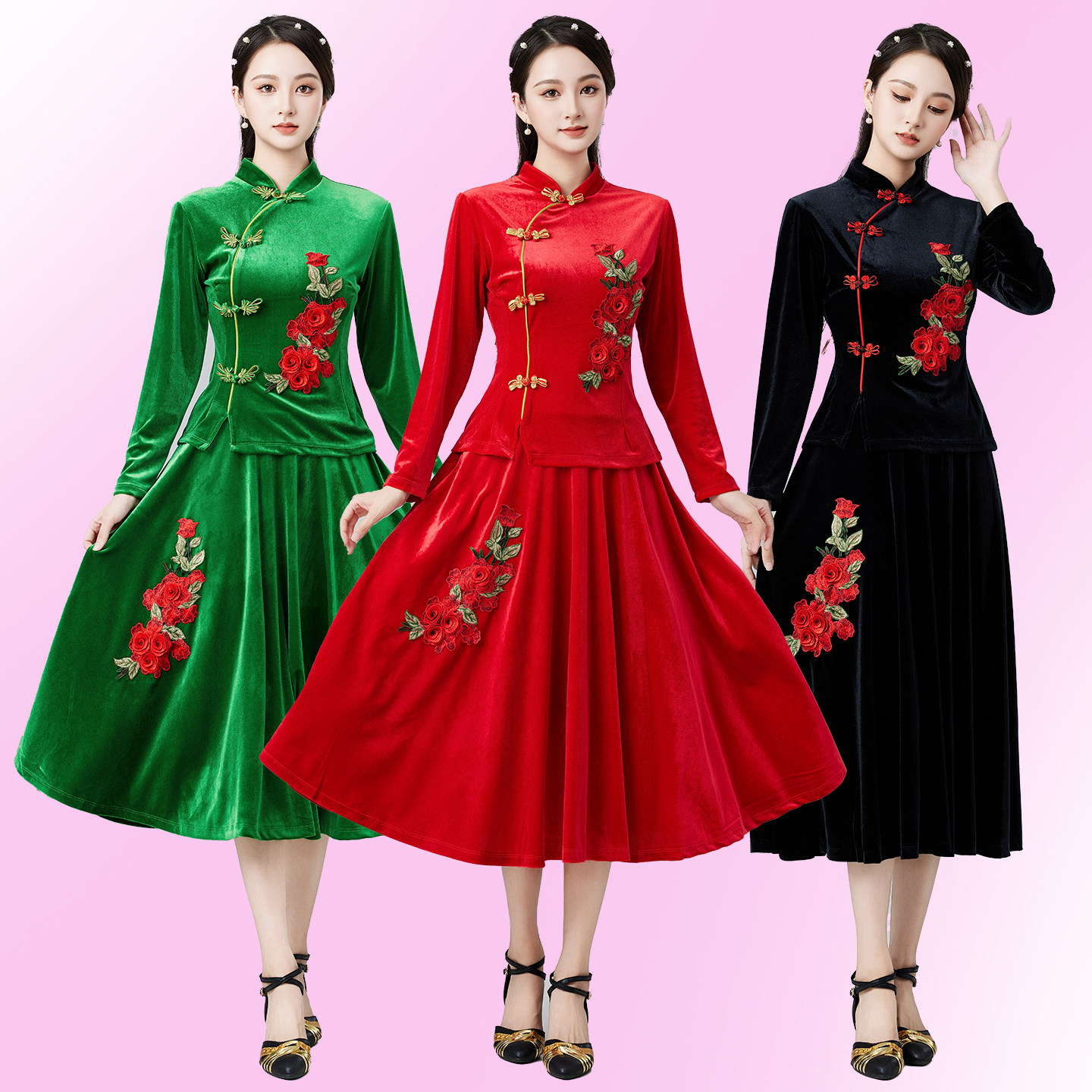 广场舞服装新款套装2026冬季中老年舞蹈服长袖长裙子两件套跳舞裙