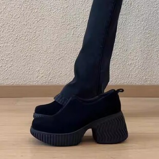 百搭增高7CM复古女鞋 英伦风厚底粗跟乐福鞋 女一脚蹬浅口单鞋