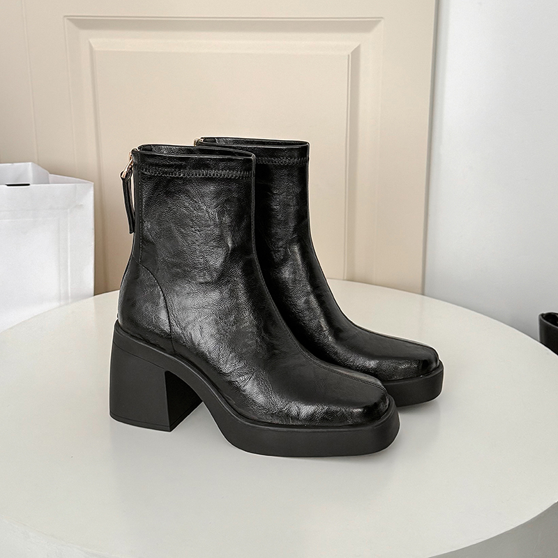 欧美风方头粗跟弹力靴女冬季厚底小个子增高高跟瘦瘦靴显瘦短靴