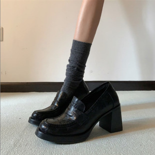 复古风粗跟乐福鞋女一脚蹬圆头浅口单鞋百搭通勤高跟鞋8cm静音跟