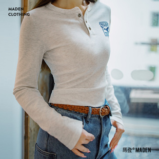 马登暮光之城印花亨利衫格雷系高智风打底衫复古柔感浅秋系长袖女