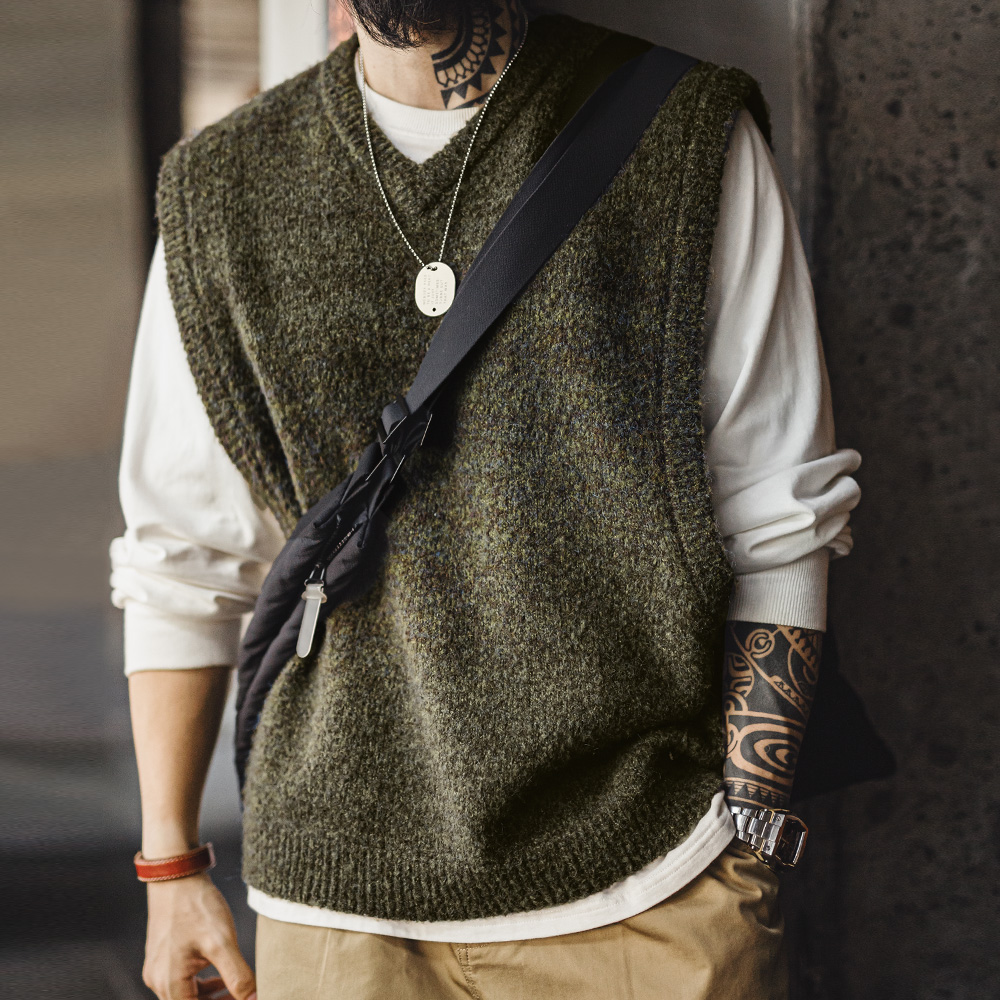 马登工装 美式复古针织V领马甲绒背心叠穿套头保暖无袖坎肩男秋