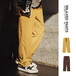马登工装美式方格黄色玉米绒休闲裤直筒抽绳束脚宽松长裤子男款春
