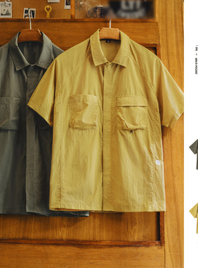 马登工装山系户外短袖衬衫速干黄色肌理感薄款日系口袋衬衣男款夏