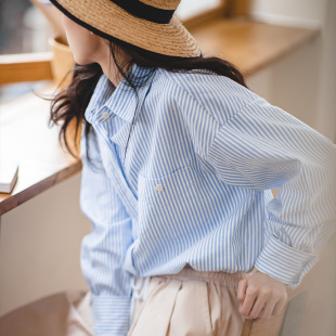 蓝白条纹翻领衬衫 马登女装 法式 经典 上衣外套春夏 宽松休闲衬衣开衫