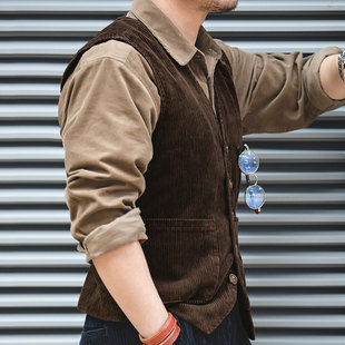 马登工装美式复古猎装马甲灯芯绒背心阿美咔叽坎肩外套英伦风男春