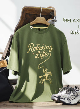 马登美式复古墨绿色圆领纯棉宽松版落肩袖印花短袖T恤上衣女士夏