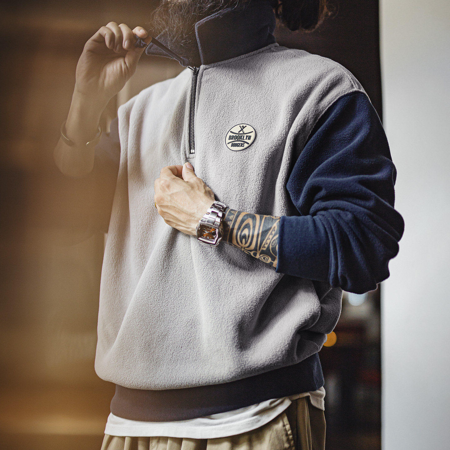 马登工装美式摇粒绒半开襟卫衣学院风polo领撞色套头保暖外套男秋,男装,卫衣,淘宝优惠券,粉丝福利购,淘宝优惠卷