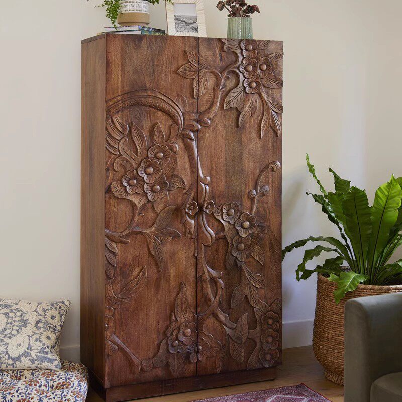 法式衣柜实木雕花做旧新古典双门玄关储物柜中古现代简约卧室家具