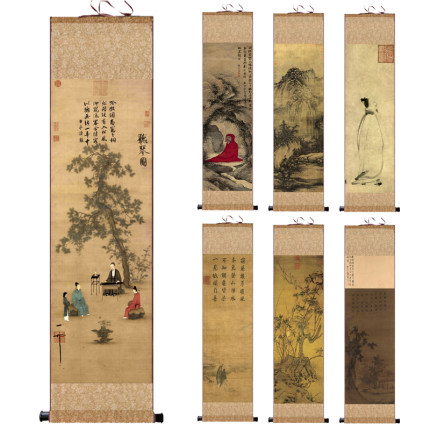 宋代卷轴画装饰画宋徽宗听琴图雪山行旅图装饰画仿古卷轴画丝绸画