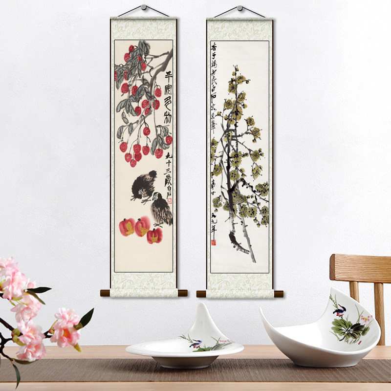 齐白石丝绸画卷轴画荔枝梅花图蔬菜瓜果图高清微喷花鸟画装饰画