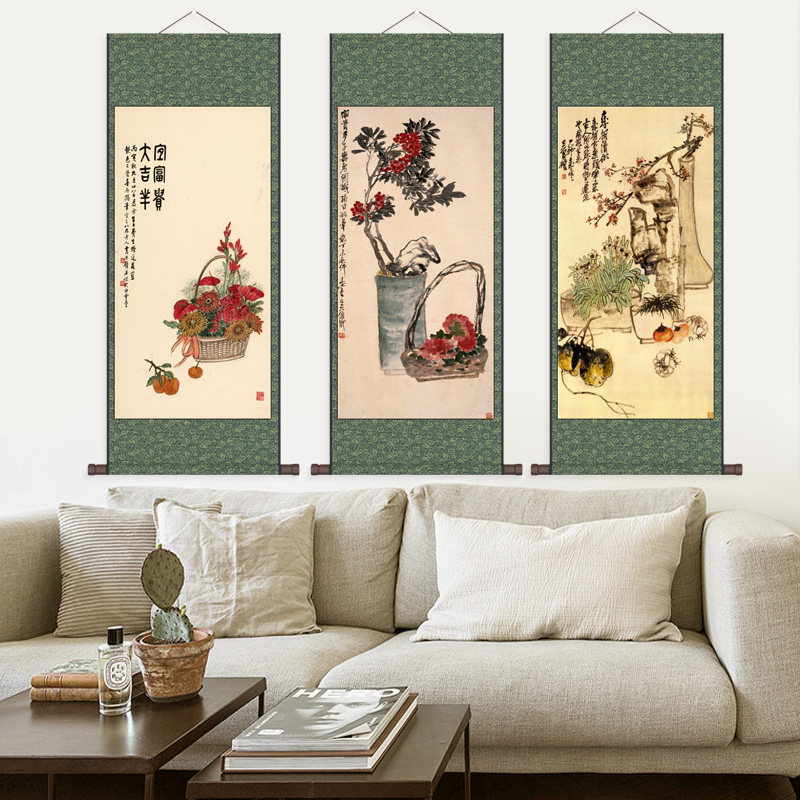 吴昌硕花鸟画菊花图富贵吉祥牡丹图荷花挂画卷轴画丝绸画红荷挂画