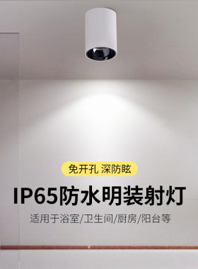 IP65明装防水COB射灯家用浴室免开孔LED筒灯高显色厨房防尘防雾水