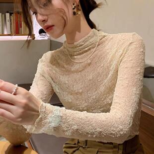 半高领蕾丝毛衣叠穿内搭打底衫女性感微透春秋提花网纱洋气长袖