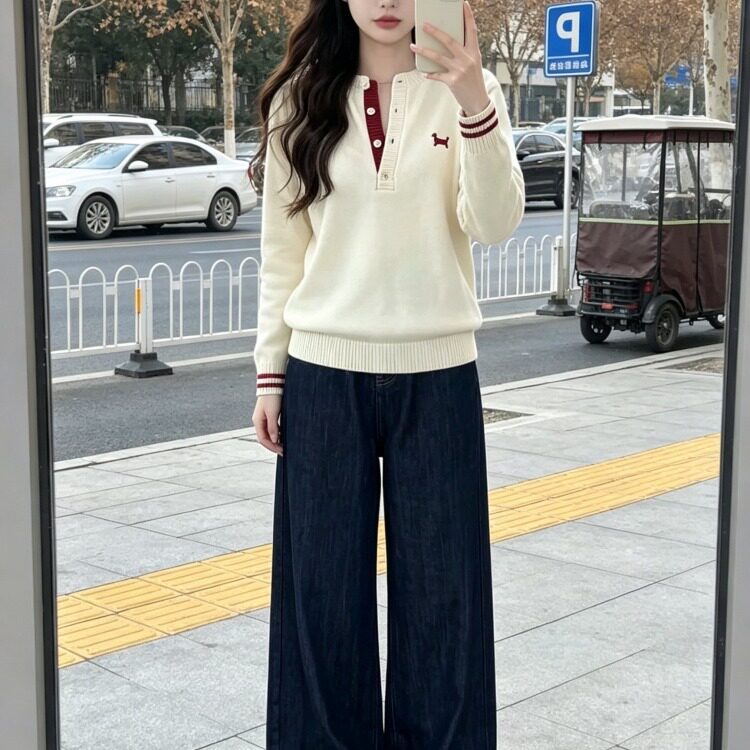 费尔岛超火穿搭刺绣打底衫针织衫毛衣女秋冬阔腿牛仔裤两件套装女