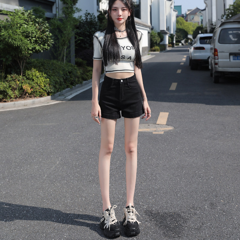 啄木鸟纯棉牛仔短裤女夏季高腰修身显瘦弹力直筒包臀阔腿热裤子女