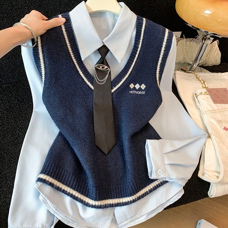 马甲V领毛衣女针织衫2026春秋长袖领带衬衫两件套装女打底衫上衣