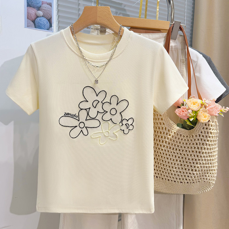 啄木鸟花朵绣花短袖t恤女纯棉2026夏季韩版宽松圆领休闲半袖上衣