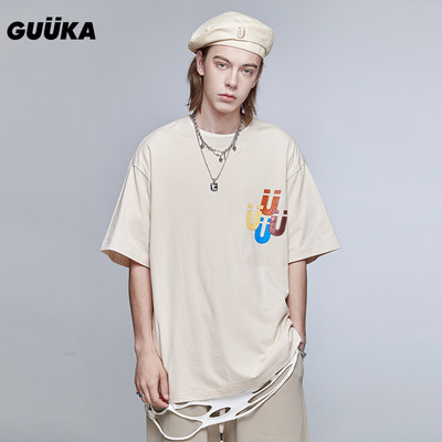 GUUKA潮牌杏色短袖T恤男夏 学生嘻哈贴布绣logo印花运动5分袖宽松