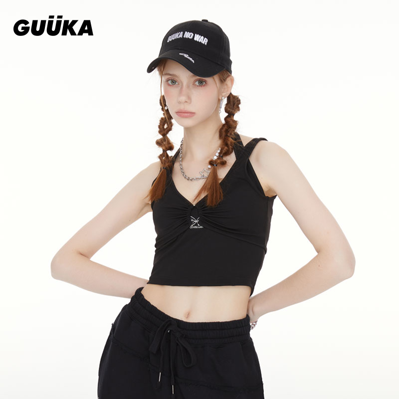 GUUKA两件叠穿黑色吊带挂脖背心女夏外穿运动健身针织背心性感