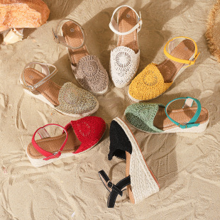 包头凉鞋 大码 夏 女外贸2026欧美镂空厚底麻绳罗马凉鞋 透气坡跟凉鞋