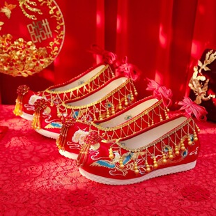 新娘敬酒汉服鞋 新品 古风内翘头中式 女原创珍珠流苏婚鞋 秀禾鞋