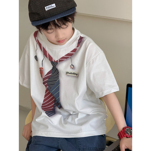 2026夏装新款儿童领带印花T恤韩版男孩夏季落肩袖宽松上衣短袖潮t