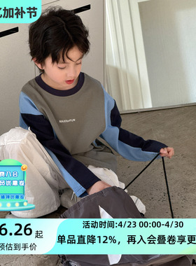 2026新款春装儿童卫衣韩版时尚撞色拼接袖印花T恤休闲套头上衣潮