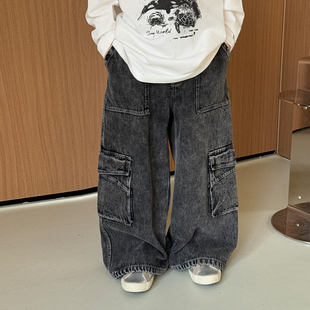 2026新款韩版男童工装裤儿童春装水洗牛仔裤童装大口袋男孩长裤子