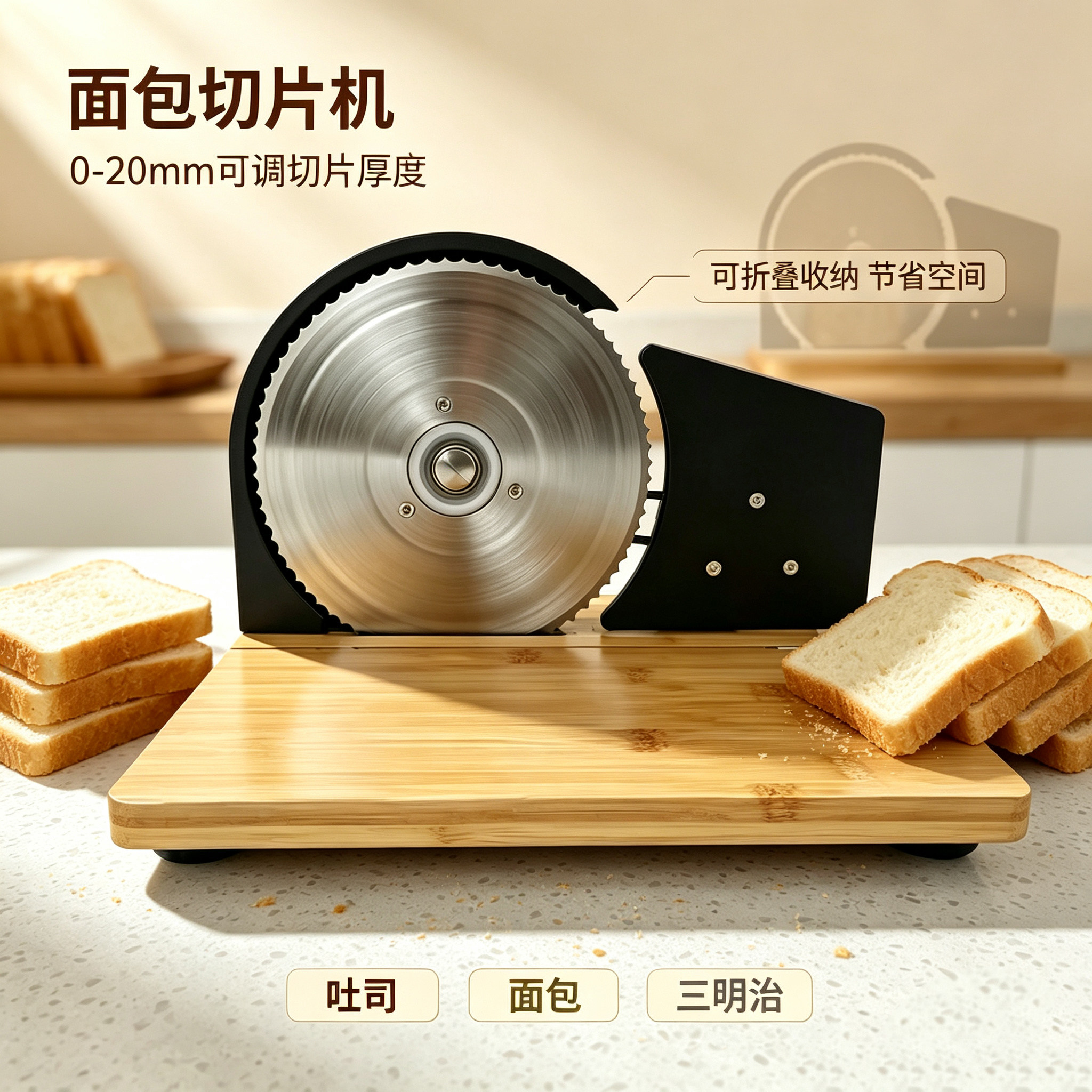 手摇面包切片机 可折叠吸盘稳固底座 厚薄可调 吐司酸面包切片器图片