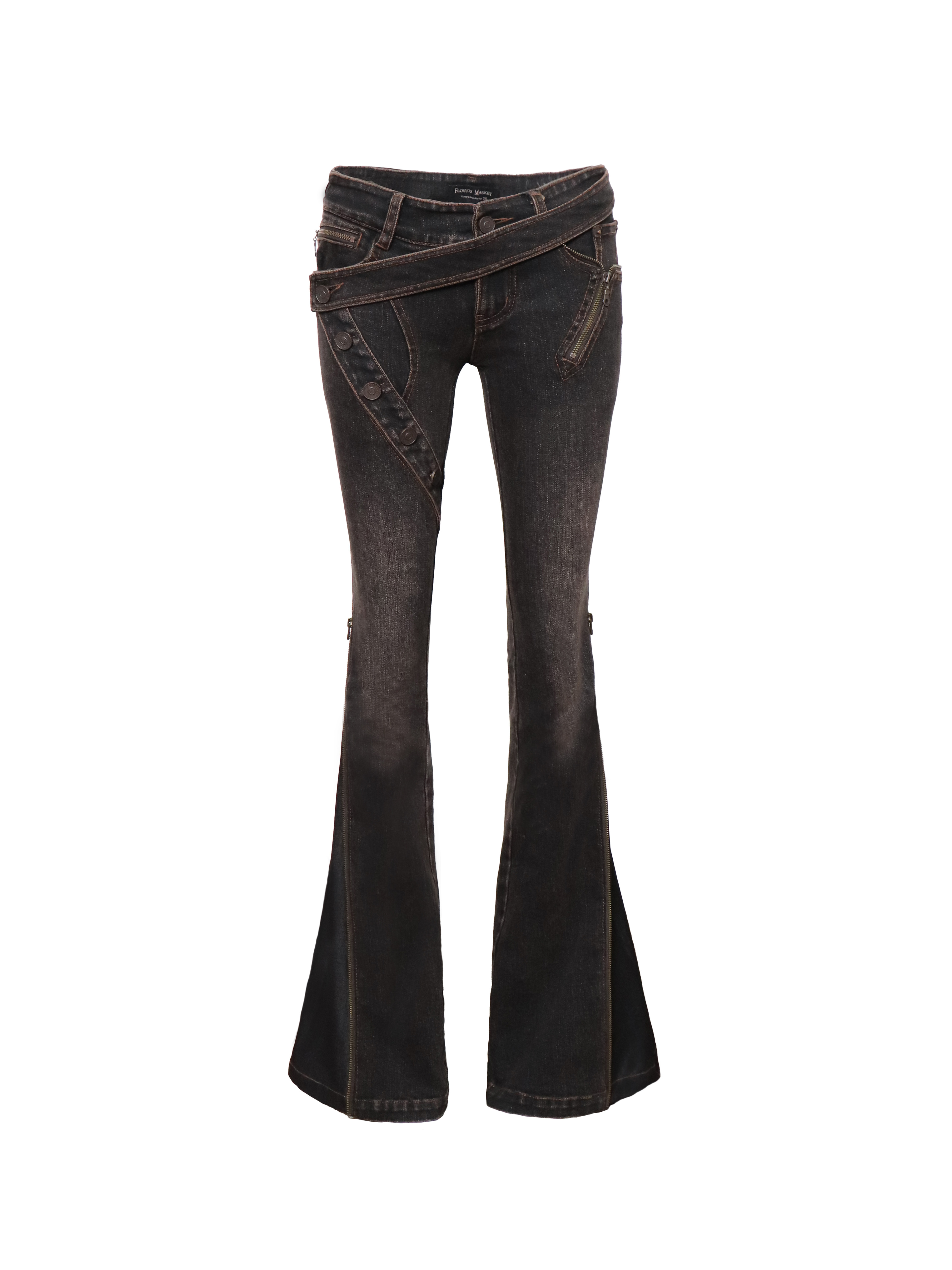 thumbnail for Floirds Market two-piece deconstructed washed heavy work stretch zip vintage denim bootcut low-rise trousers