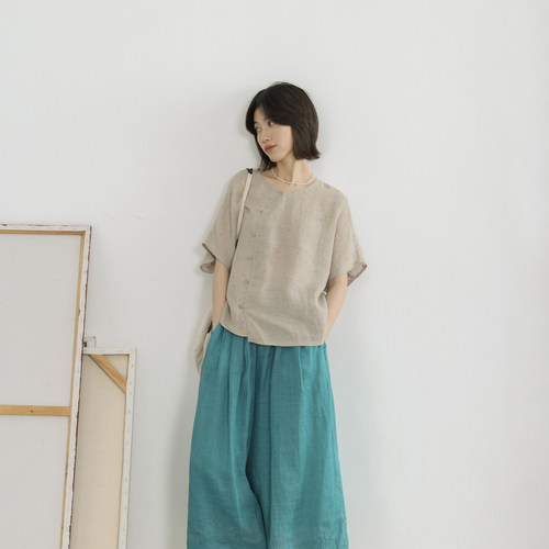 【拙外 6/5新品 00:00AM】亚麻棉彩点提花圆领衬衣轻薄气质上衣女