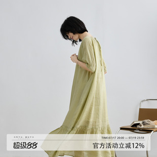 拙外【轻语】连衣裙女夏2026新款五分袖宽松时尚中长裙绿色苎麻裙