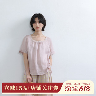 拙外 浅紫短袖衬衫女2026新款夏季日系文艺苎麻衬衣宽松上衣夏