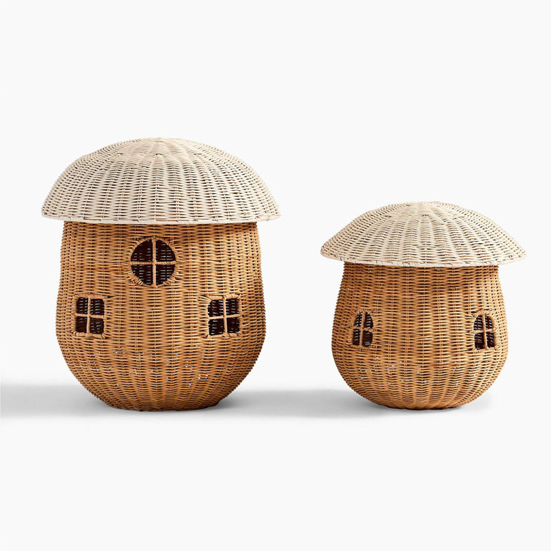 蘑菇屋玩具篮自然藤条手工编织筐带盖子宝宝玩耍毛绒娃娃收纳桶大