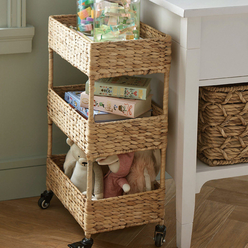 三层移动置物架活动轮子收纳架厨房转角杂物架天然材质编织手推车