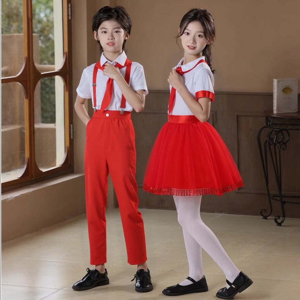六一儿童短袖合唱背带裤诗歌朗诵中小学生红领巾演出服舞蹈表演服