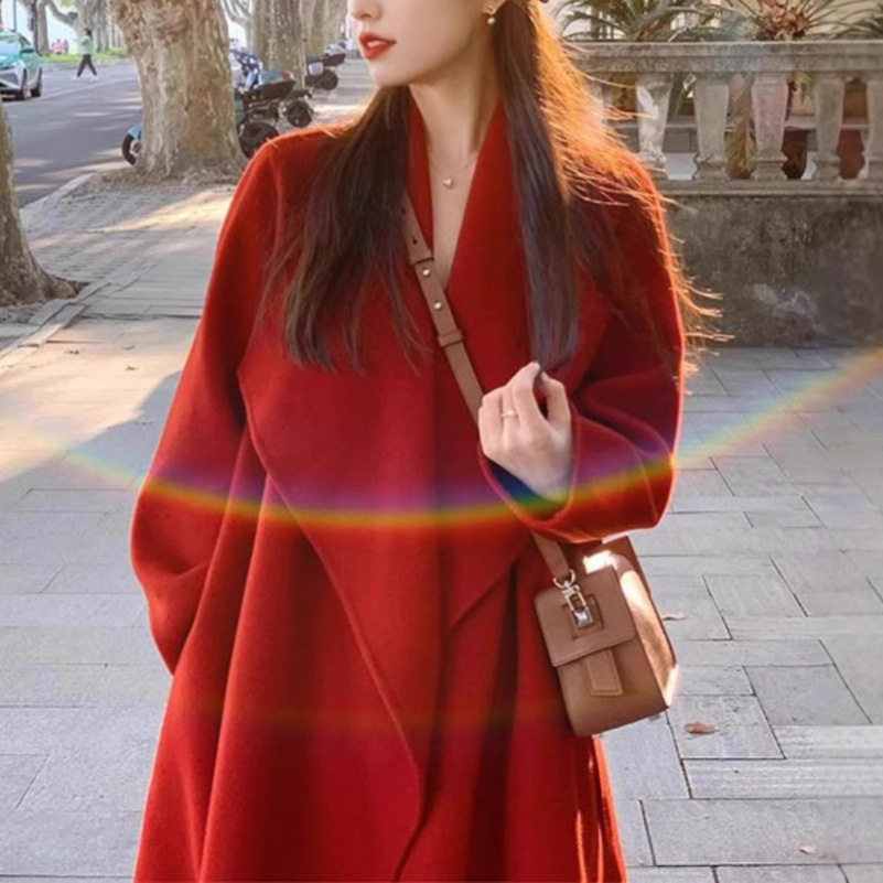 婚庆双面呢羊绒大衣女2025冬季高级感圣诞红色中长款羊毛呢外套女