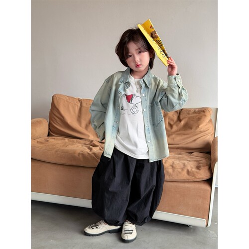 2026春季新款韩版儿童牛仔衬衫男女童设计感补丁做旧衬衣外套洋气