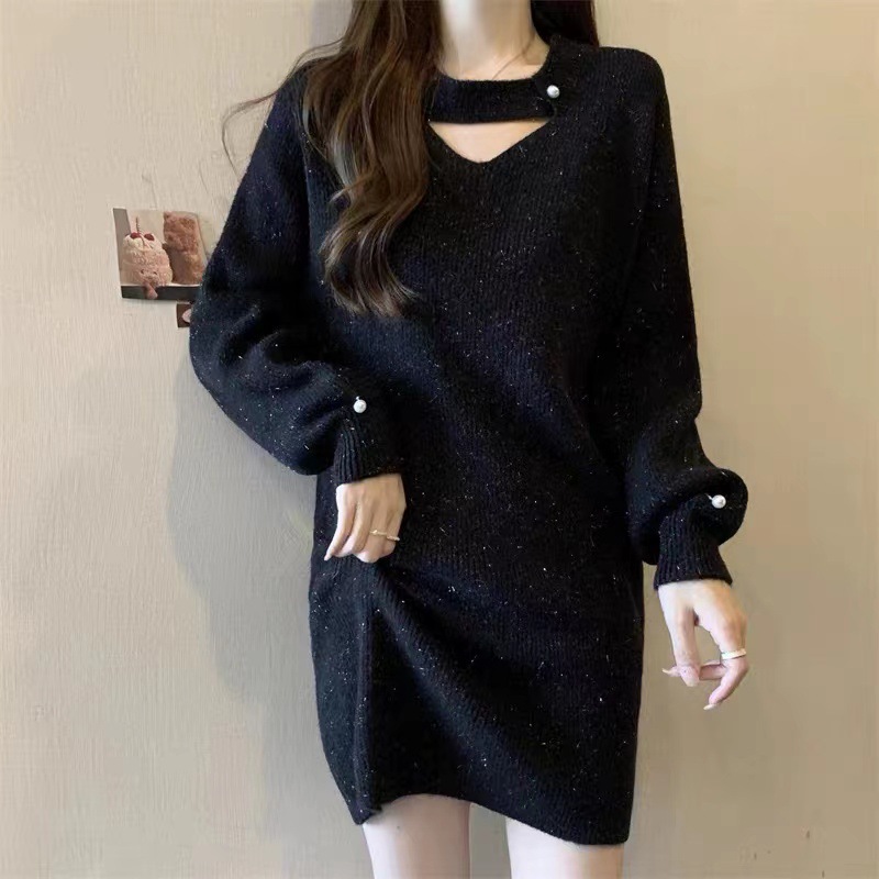 中长款内搭打底毛衣裙子女时尚亮丝宽松百搭上衣针织连衣裙秋冬厚
