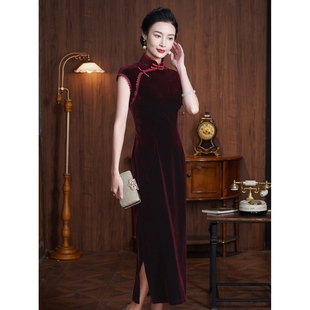 深圳高端礼服丝绒旗袍无袖夏季新款高开叉聚会宴请中年连衣裙爆款