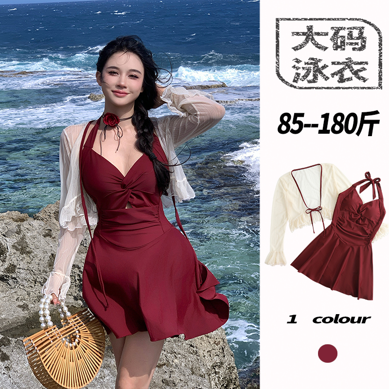 红色泳衣女款连体性感大码2025新款微胖女孩遮肉绝美高级感泡温泉